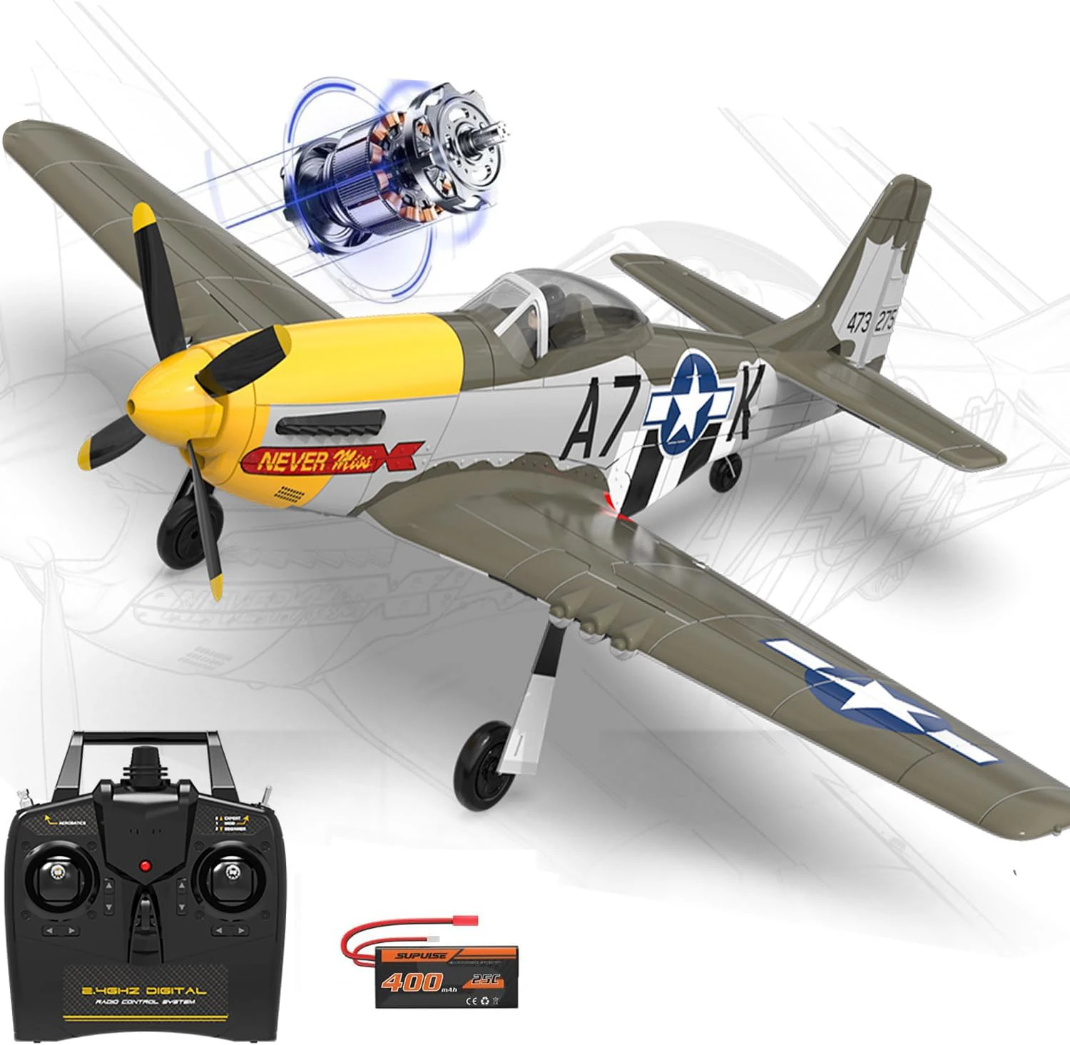 Jato de combate Mustang 2.4G de 4 canais, controlado remotamente e equipado com um motor brushless MDUG.