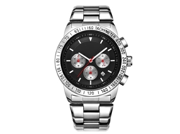 Relógio de pulso masculino Ochstin em aço inoxidável com pulseira de aço de corda manual, mostrador redondo, movimento de quartzo, preto e prata.