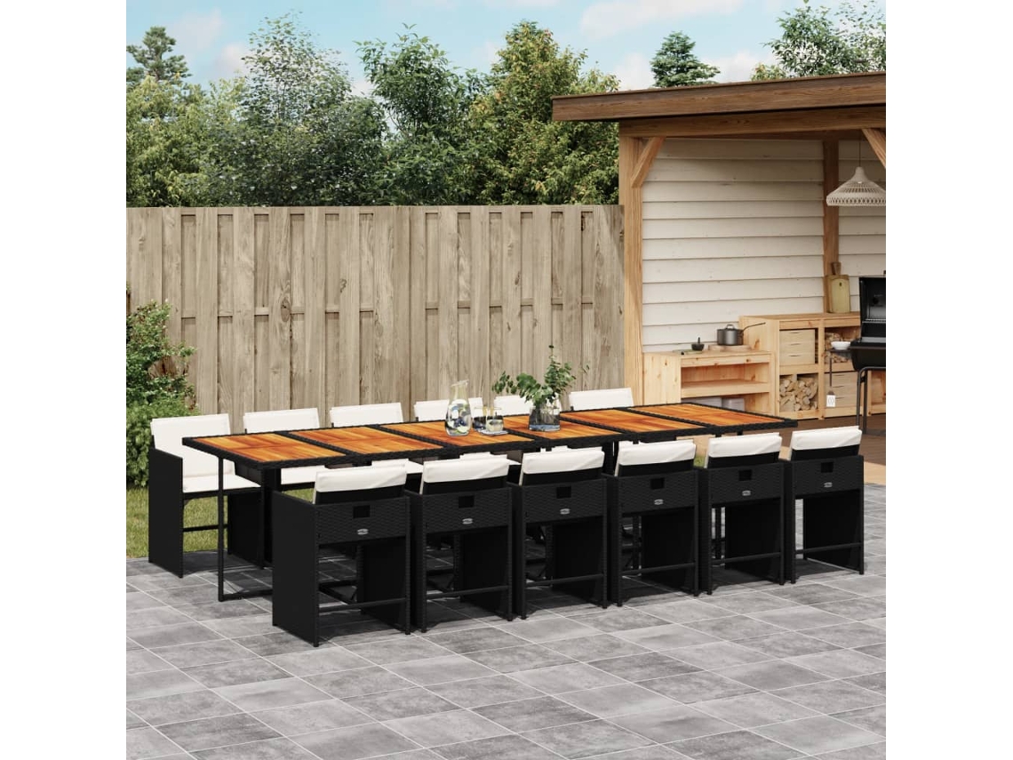 Conjunto 13 Peças Jantar P/jardim Com Almofadões Vime Pe Preto Dkd Home Decor