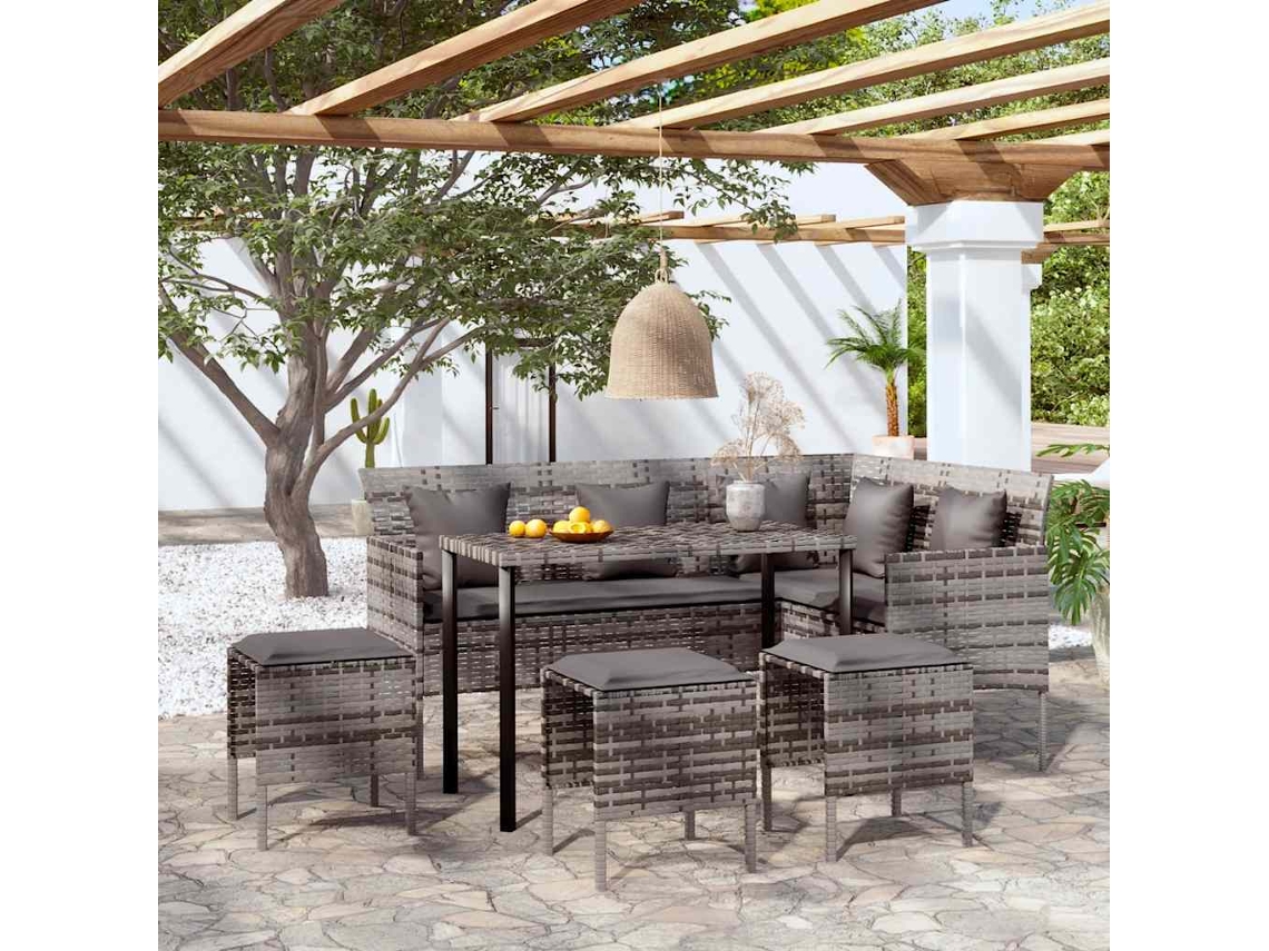 Vidaxl 5 Pcs Conjunto Sofás Formato L C/ Almofadões Vime Pe Cinzento