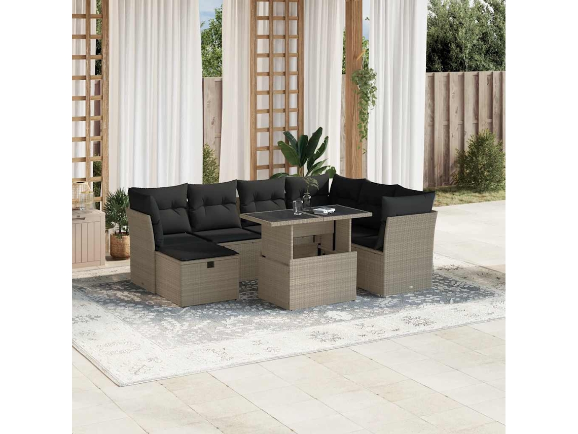 Vidaxl 8 Pcs Conj. Sofás Jardim C/ Almofadões Vime Pe Cinzento-claro