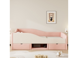 Sofá-cama Infantil Estofado 90x190 Cm Com 2 Gavetas, Grades Segurança, Veludo Macio Rosa/branco Creme (sem Colchão)