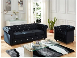 Conjunto Sofá e Poltrona Fixo Chesterfield VENTE-UNIQUE.PT (Preto - Tecido e Veludo - 205x88x72 cm)