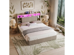 Cama Estrutura 160x200 Cm Com 4 Gavetas De Arrumação, Iluminação Led E Cabeceira Com Espaço, Cama Casal Com Painel Usb E Tipo-c, Bege
