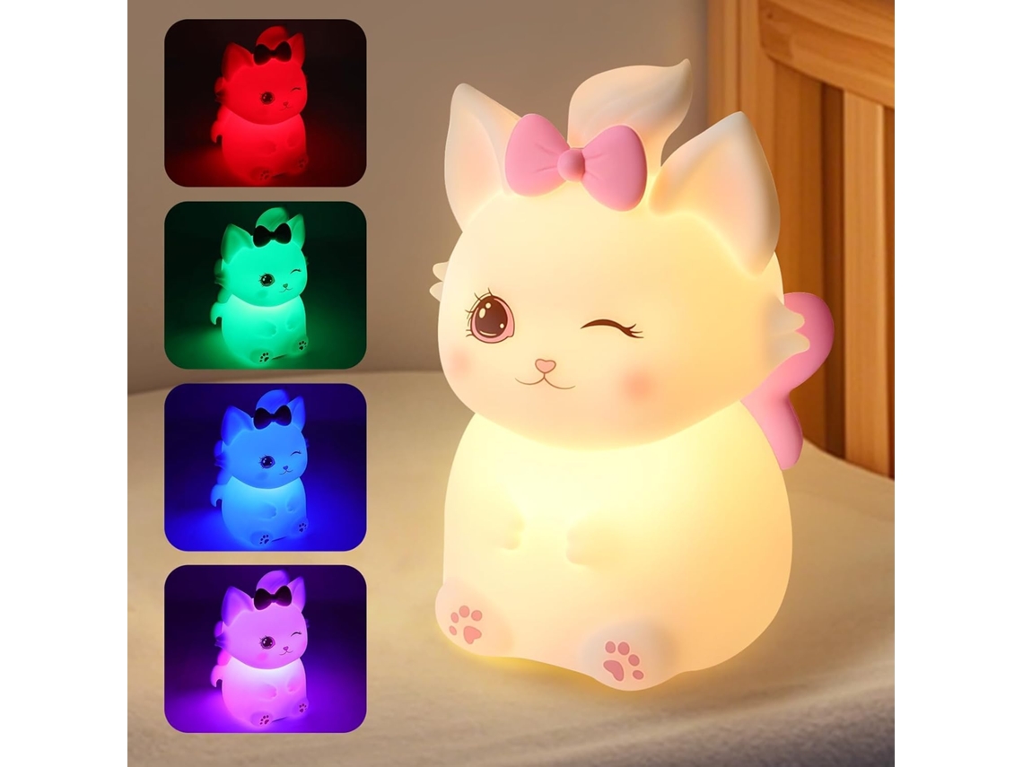 Abajur Fofo Em Formato De Gato, Com 7 Cores Rgb E 3 Níveis De Brilho, Feito De Silicone Extra Macio E Seguro, Portátil E