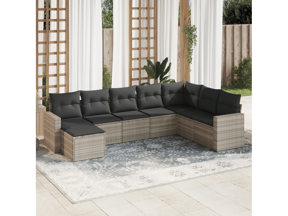 Vidaxl 8 Pcs Conj. Sofás Jardim C/ Almofadões Vime Pe Cinzento-claro