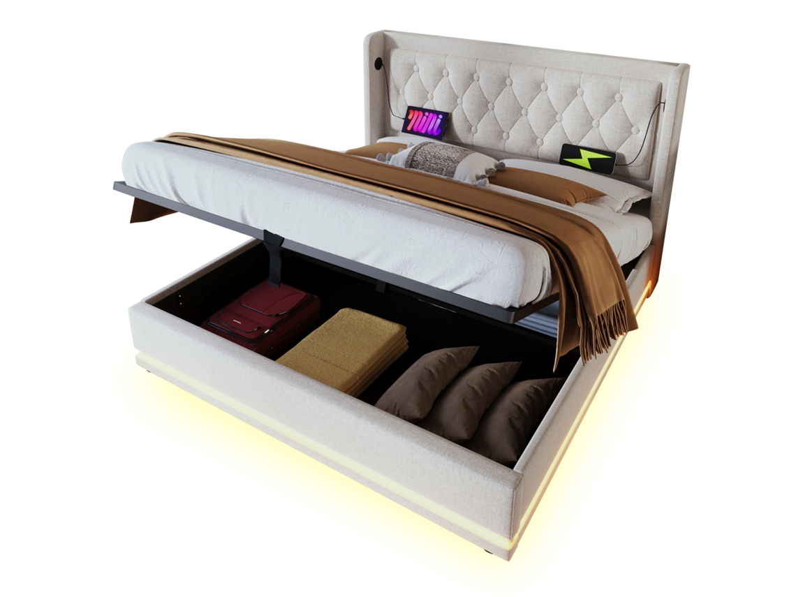 Cama de casal estofada 180x200cm em algodão bege com arrumação hidráulica, cabeceira Usb tipo c, iluminação led moderna PAPRIKA