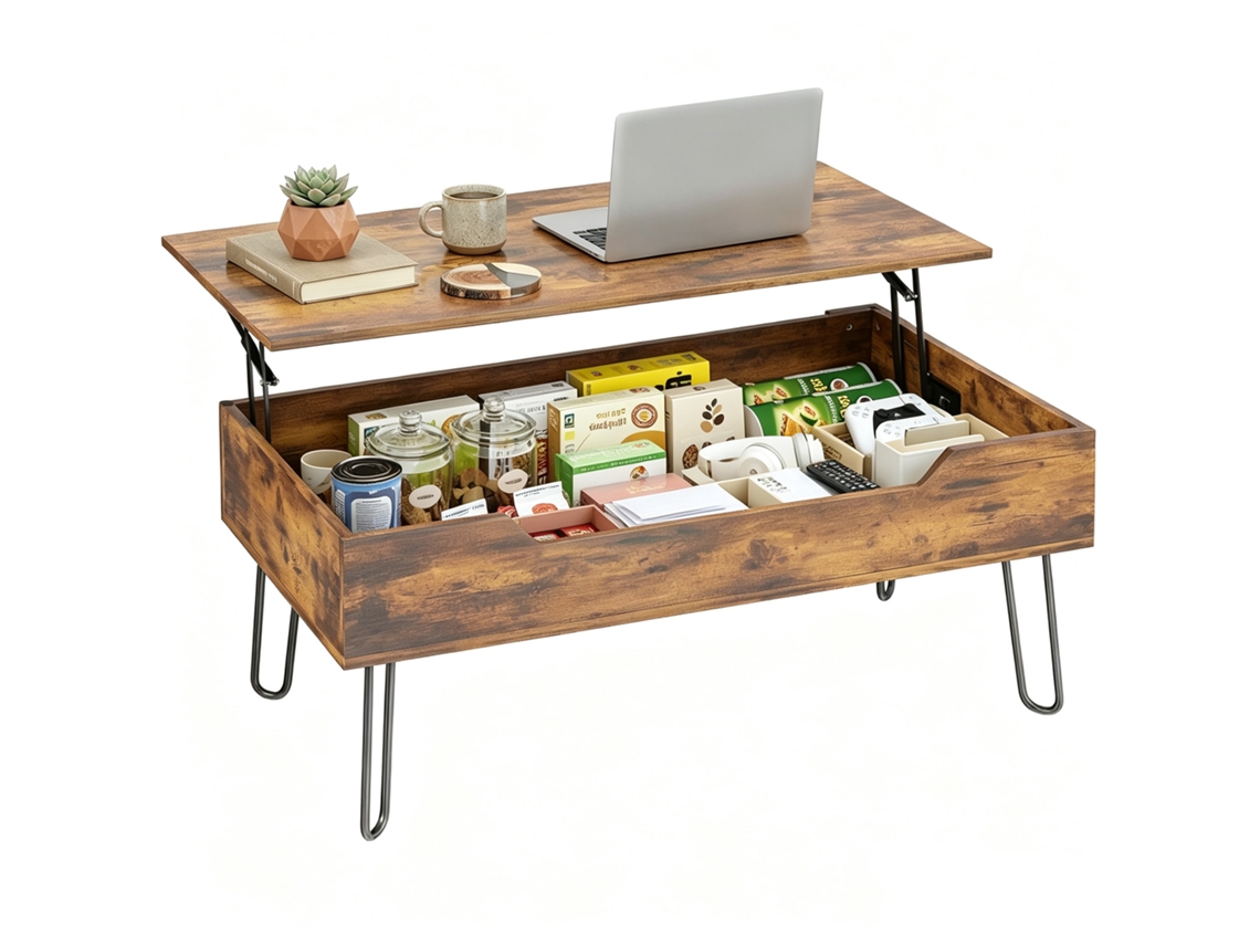 Mesa De Café Eoocoo Retro Com Pernas De Aço Marrom E Tampo Elevado Com Armazenamento Oculto