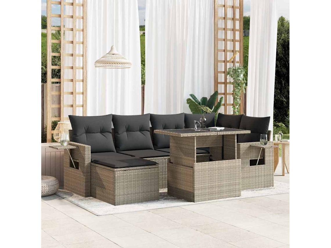 Vidaxl 7 Pcs Conj. Sofás Jardim Com Almofadões Vime Pe Cinzento-claro