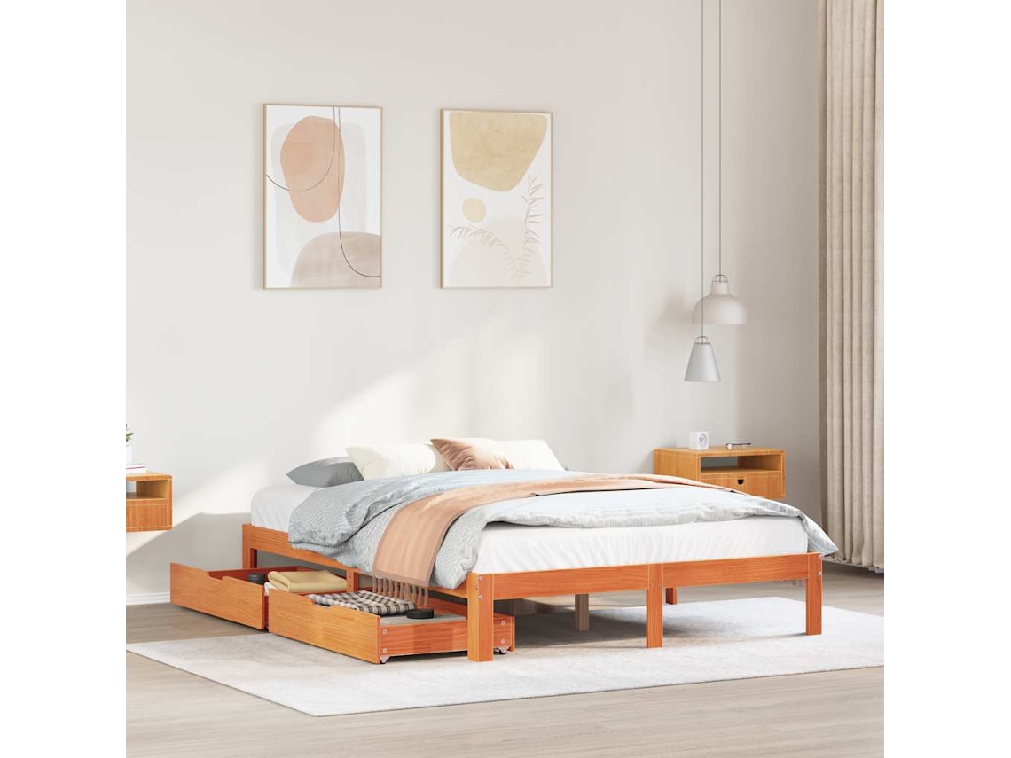 Estrutura Cama C/ Gavetas 135x190 Cm Pinho Maciço Castanho-mel