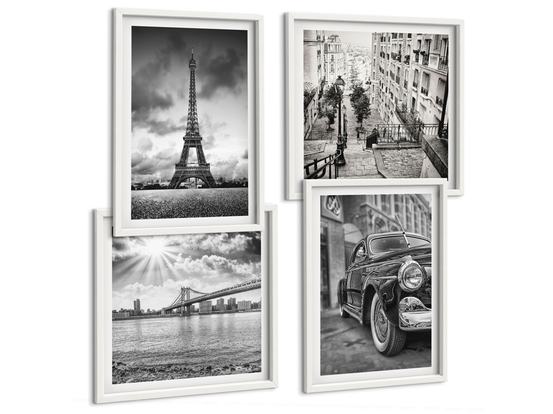 Pinturas Murais Modernas Vistas Da Cidade, Pontes, Torre Eiffel Moldura Branca Quadros Para O Escritório Espelharte (conjunto De 4 Imagens)