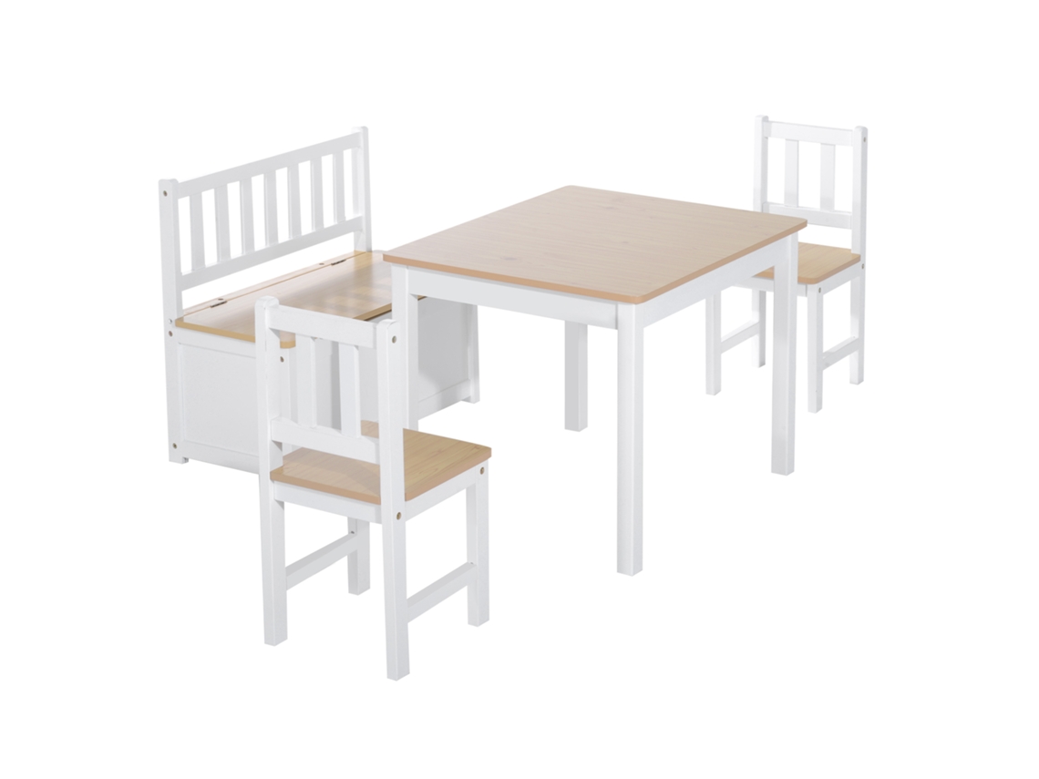 Conjunto MARCA de mesa, 2 cadeiras e banco, com armazenamento, branco e natural