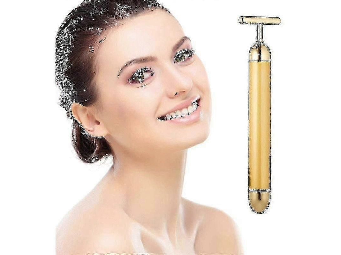 Massageador Facial em Formato de T, Banhado a Ouro 24k, da Beauty Bar, com Pulsos Elétricos para Cuidados Pele. GOKOCO