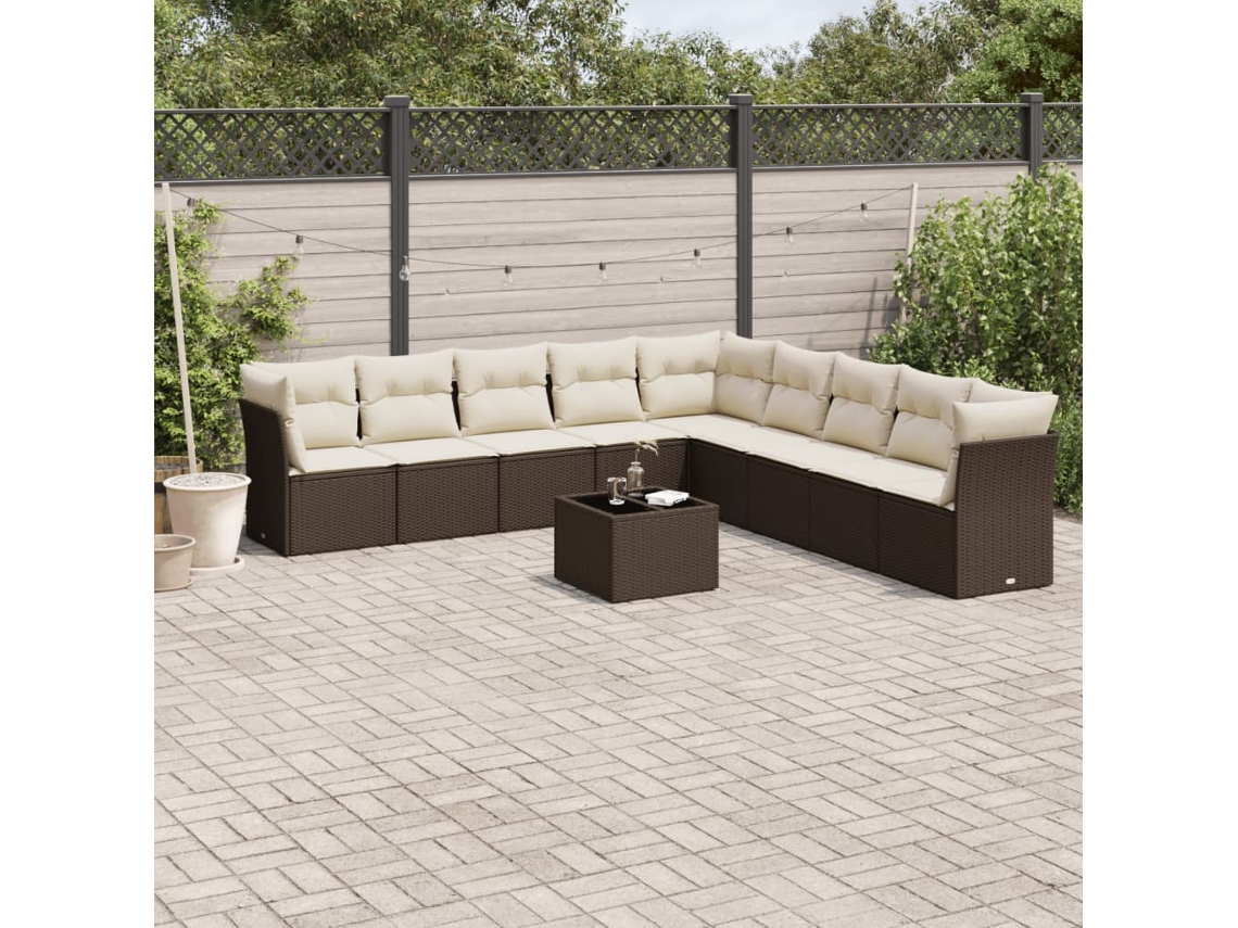 Vidaxl 10 Pcs Conj. Sofás Jardim Com Almofadões Vime Pe Castanho