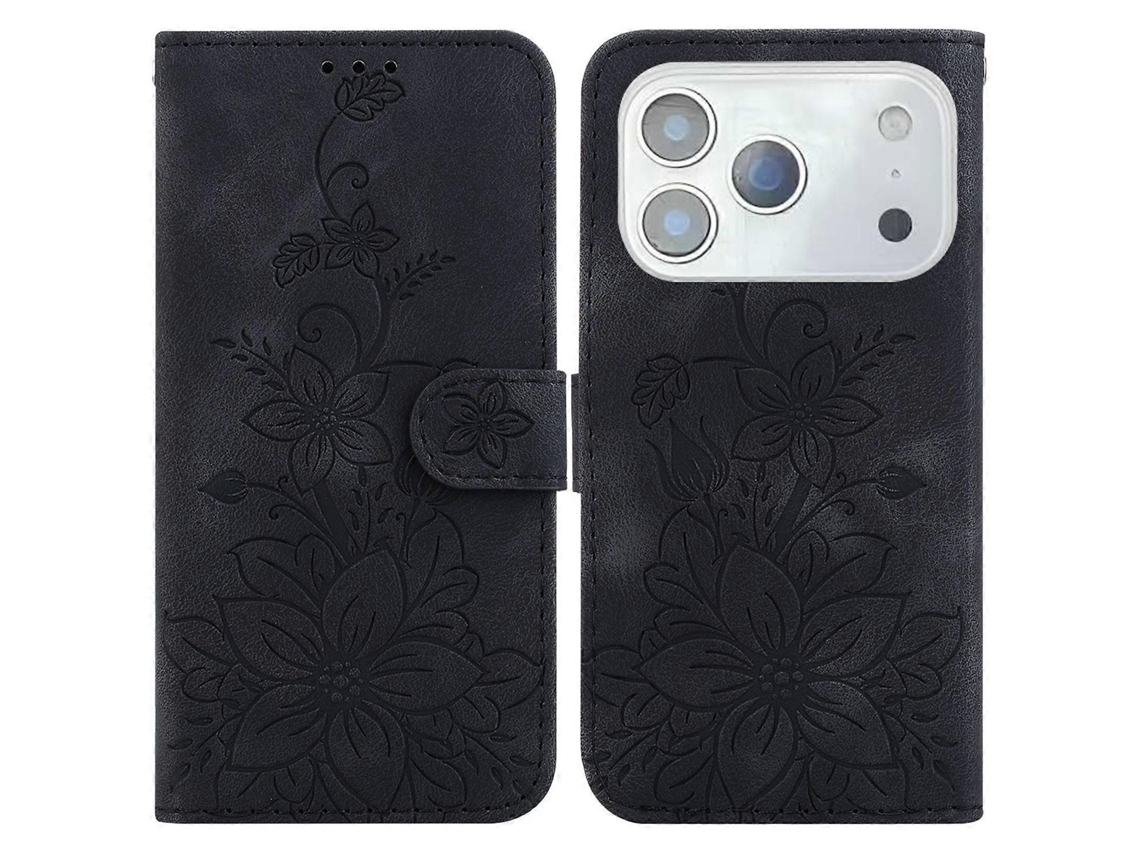 Capa Para Iphone 17 Pro Max Com Suporte, Em Couro Com Relevo De Lírio E Alça De Pulso, Na Cor Preta.