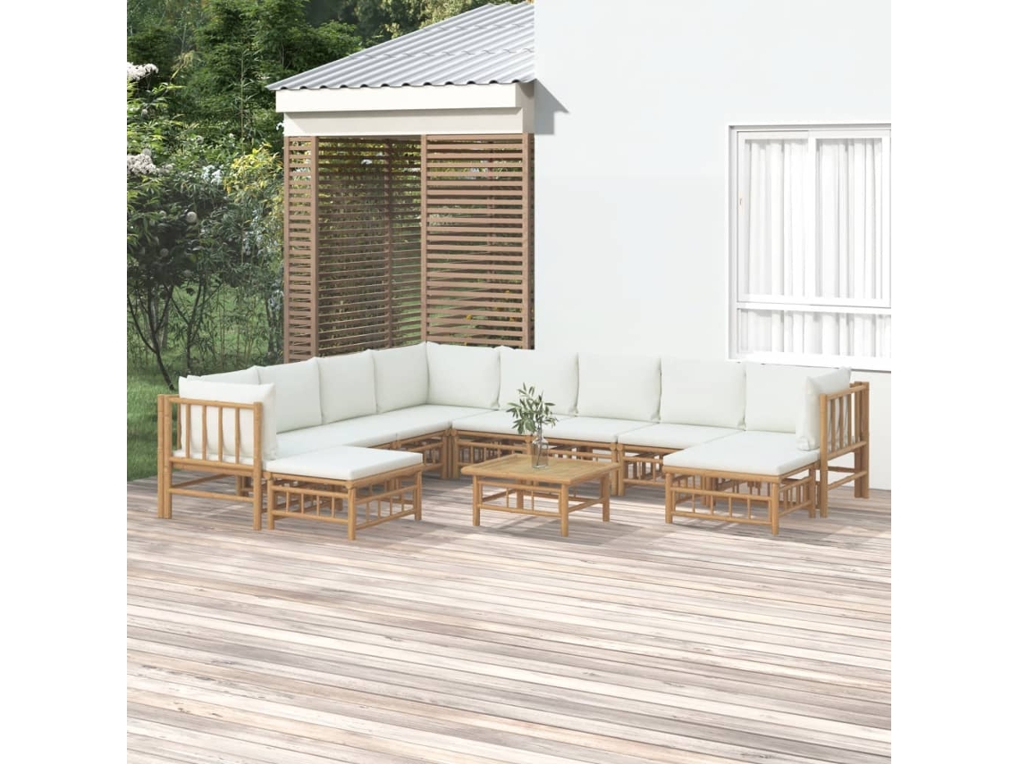 Vidaxl 11pcs Conjunto Lounge De Jardim Bambu C/ Almofadões Branco Nata