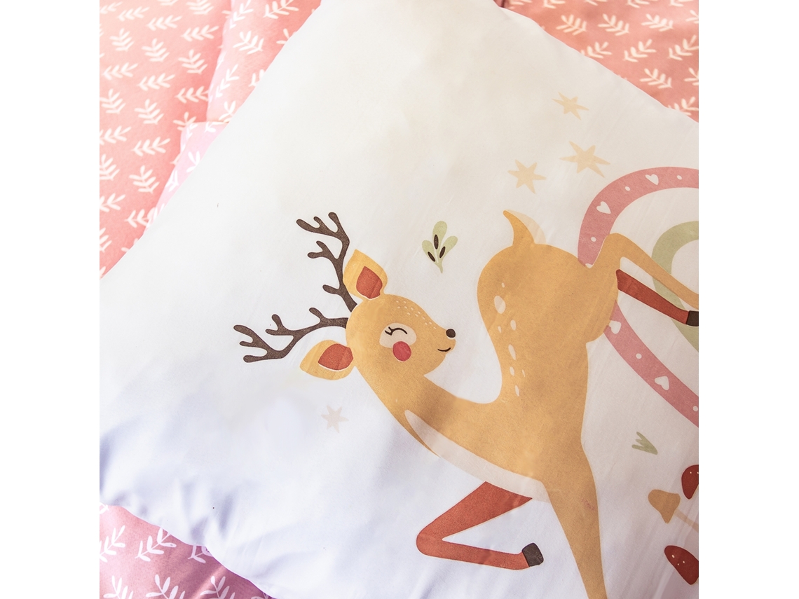 Jogo De Cama Reversível De Microfibra Estampado Floresta Encantada, 1 Praça, Rosa / Branco