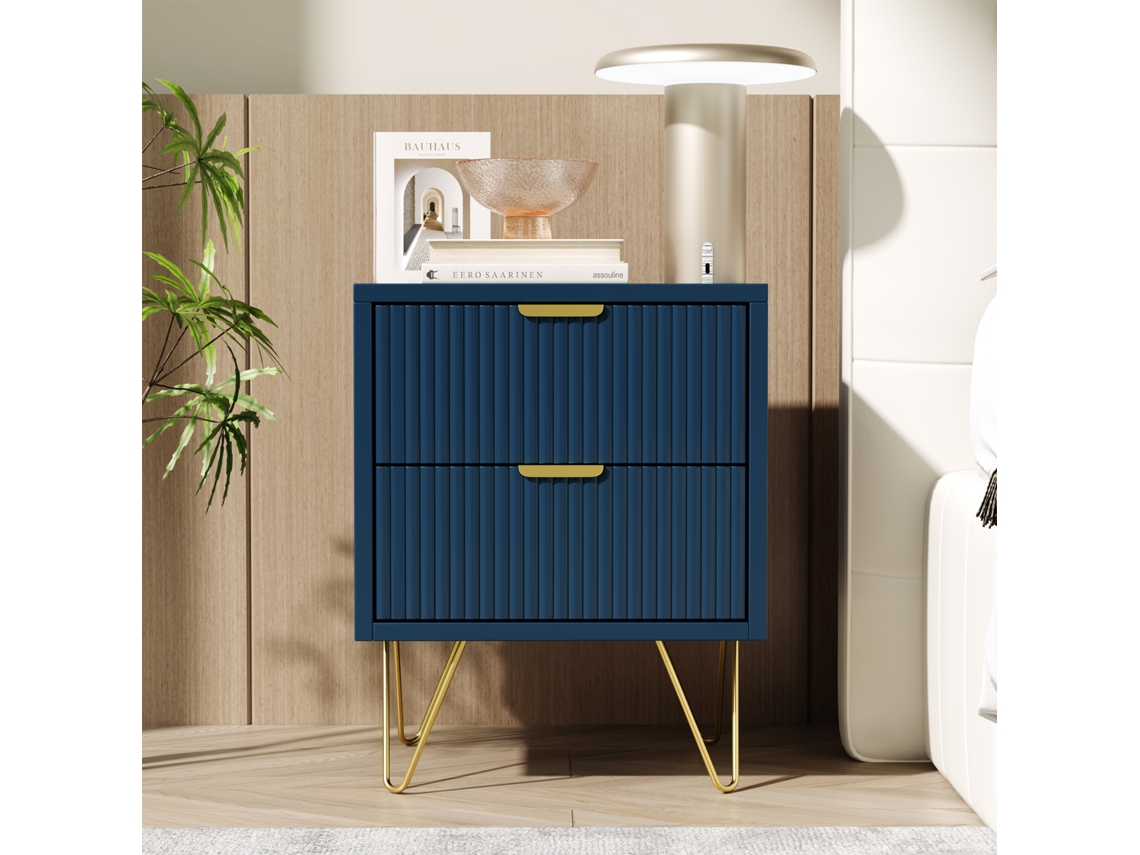 Cômoda Com 2 Gavetas, Pés Dourados E Padrão Vertical, Azul Escuro, Elegante, Moderna E Prática Para Quarto Ou Sala De Estar.