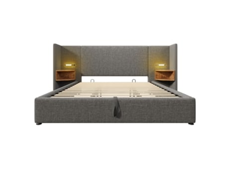 Cama Contentora De Linho 180x200 Cm - 2 Mesas De Cabeceira Com Luz De Leitura E Função De Carregamento - Com Estrado De Molas - Cinzento
