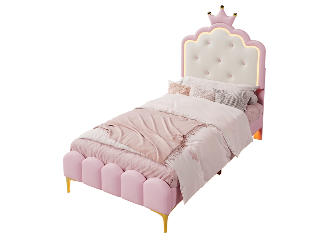 Cama Estofada Princesa Rosa 90x200 Cm com Estrado de Ripas e Iluminação Ambiente com Controle Remoto em Pu PAPRIKA