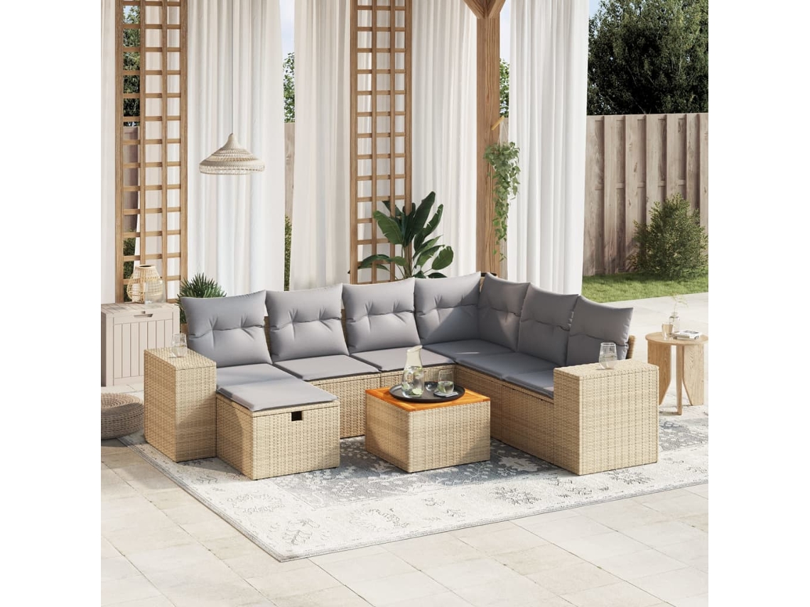 Vidaxl 8 Pcs Conj. Sofás Jardim C/ Almofadões Vime Pe Bege Misturado