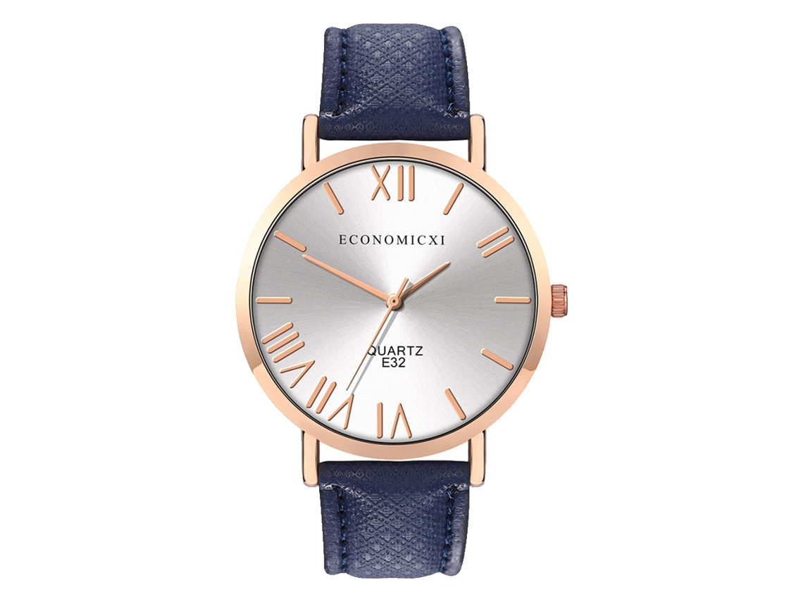 Relógio de Pulso Feminino Masculino de Couro Pu com Mostrador Redondo Analógico Quartz Branco Azul