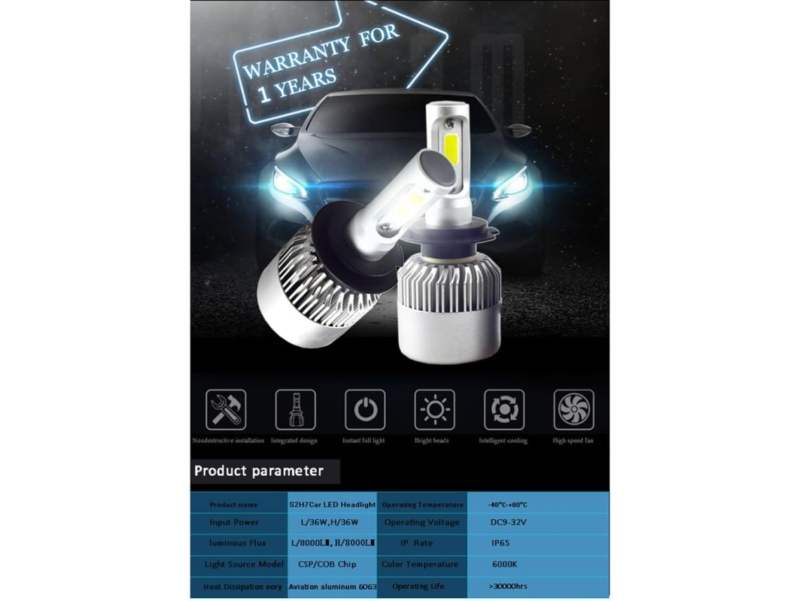 Lâmpadas De Farol Baixo Merryhapy Para Carro, 8000lm 36w Led H7 Com Corpo De Alumínio, Pacote Com 2 Unidades, Iluminação