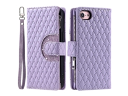 Capa Estilo 012 Para Iphone 16e, Capa Com Zíper E Bolso, Couro Brilhante, Roxa