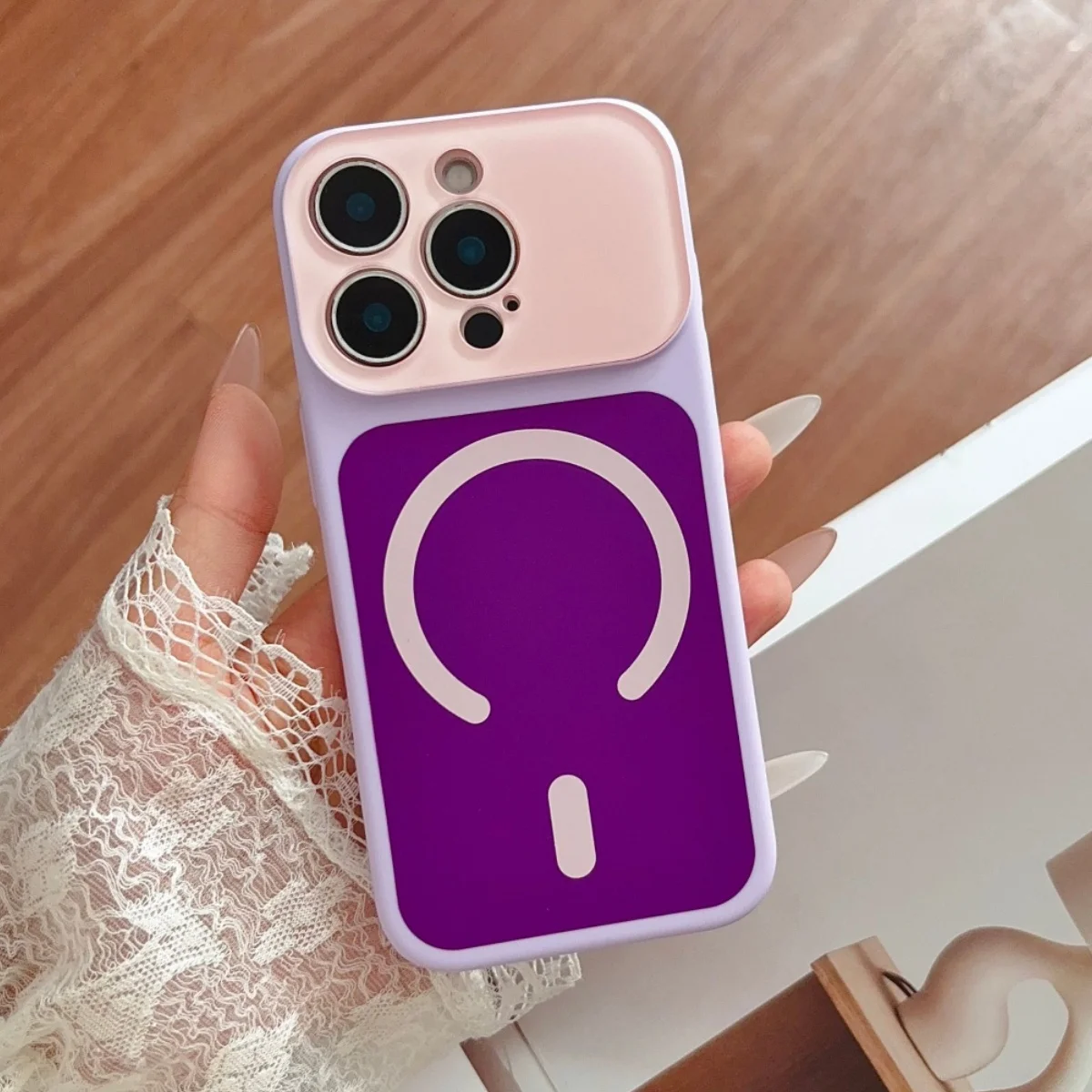(iphone 13 Rosa-arroxeado) Capa Protetora Grande Para Lente Com Carregamento Magnético.