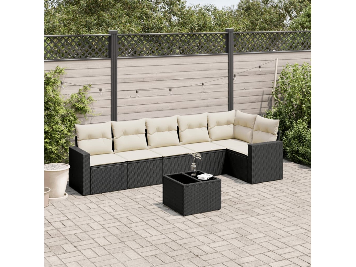 Vidaxl 7 Pcs Conjunto De Sofás P/ Jardim C/ Almofadões Vime Pe Preto