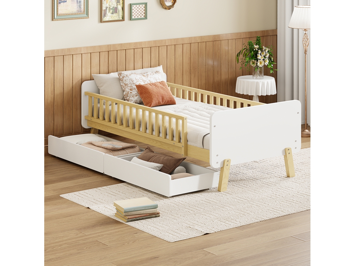 Cama Infantil 90x190 2 Gavetas Madeira Maciça Branca VELTRIX
