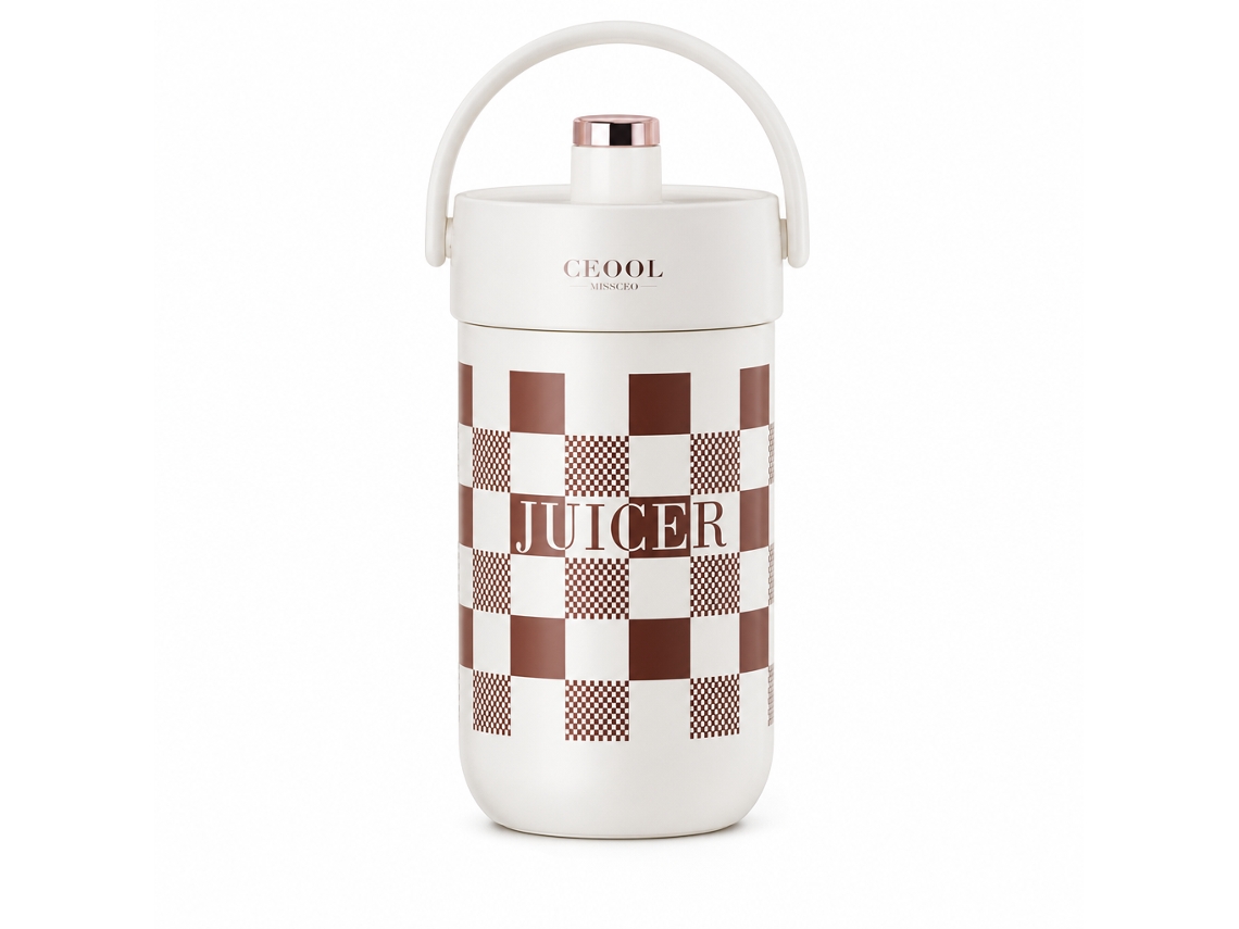 Liquidificador Portátil Elétrico 350 Ml Em Aço Inoxidável 316 De Parede Dupla, Padrão Xadrez Branco Ceool