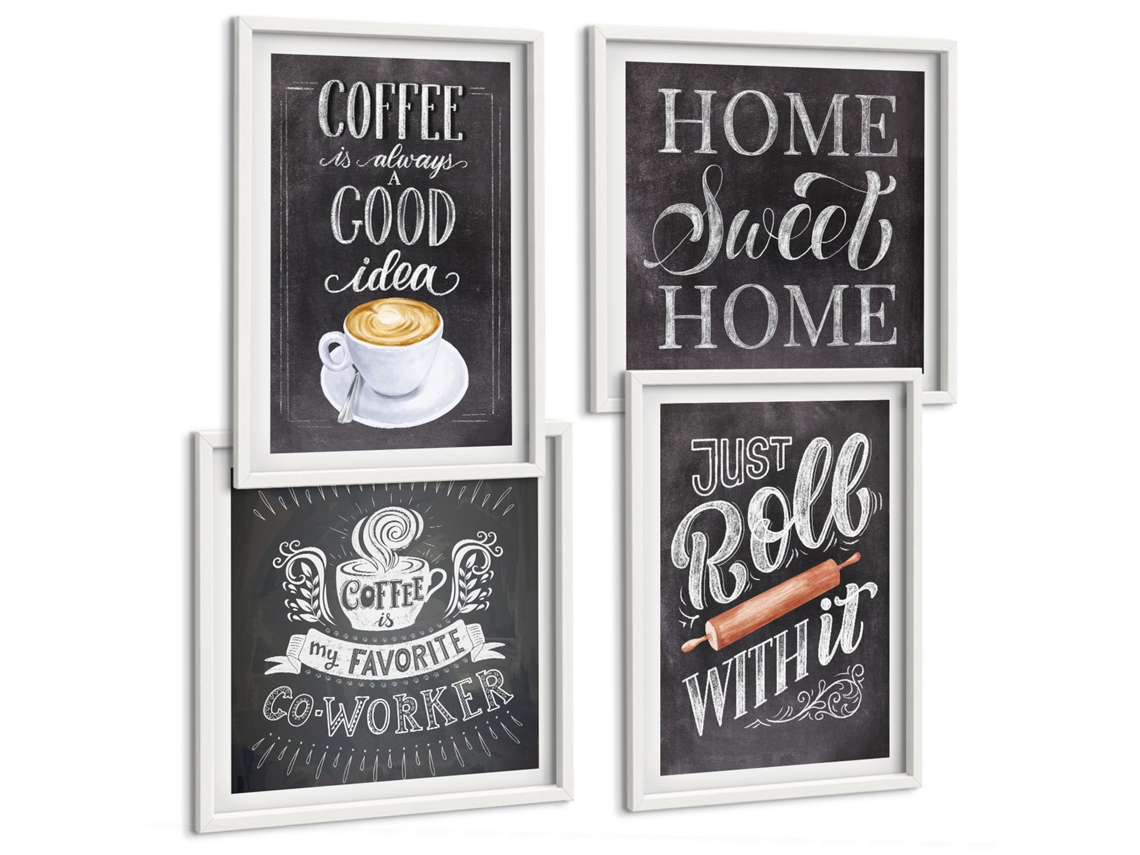 Pinturas Murais Modernas Café, Rolo, Aconchego Do Lar Moldura Branca Quadros Para A Sala De Estar Espelharte (conjunto De 4 Imagens)