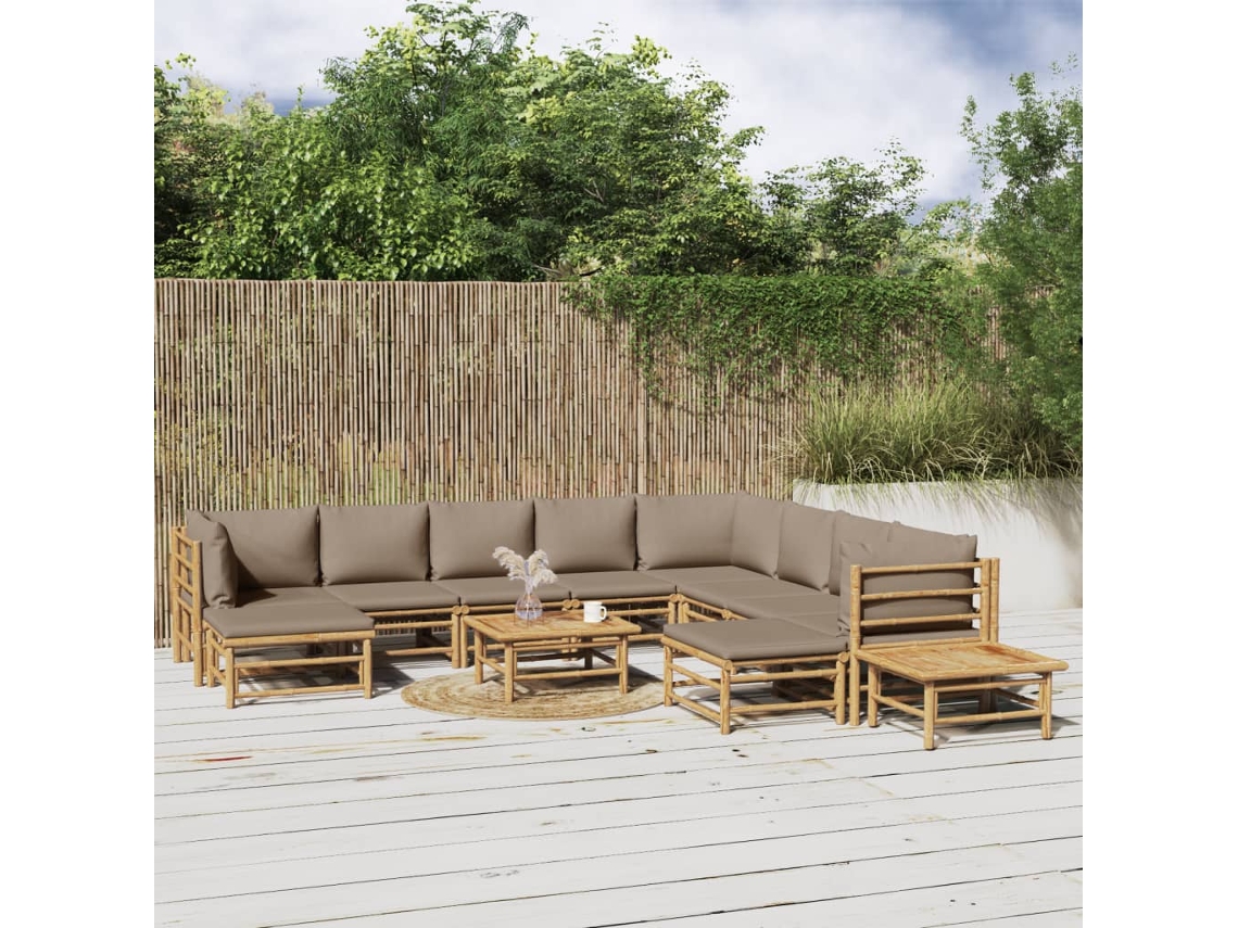 Vidaxl 12pcs Conj. Lounge Jardim Bambu Almofadões Cinzento acastanhado