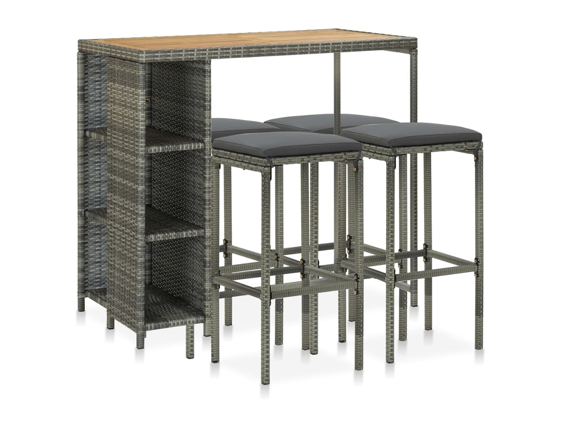 Vidaxl 5 Pcs Conjunto De Bar P/ Jardim C/ Almofadões Vime Pe Cinzento