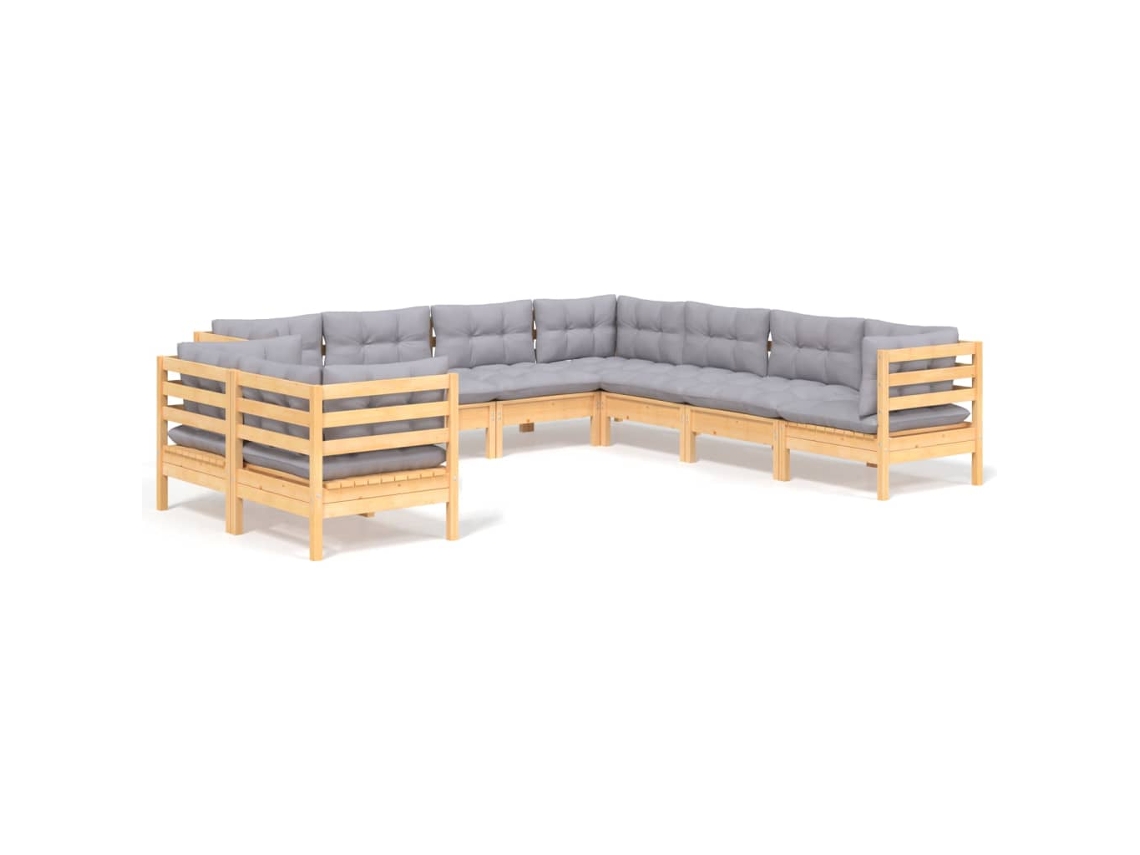 Conjunto de 9 Lounge de Jardim com Almofadões Cinza Pinho Maciço MAISON EXCLUSIVE