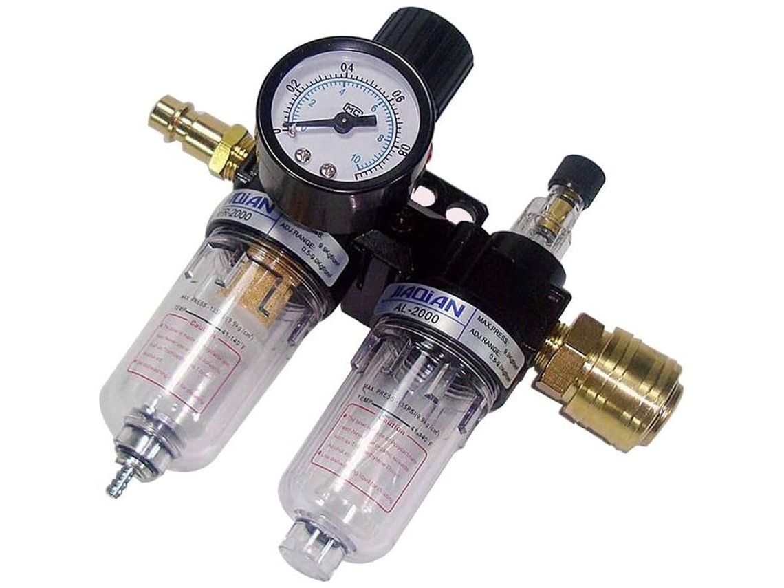Regulador de pressão de ar com filtro separador de óleo e água para compressores e ferramentas pneumáticas.