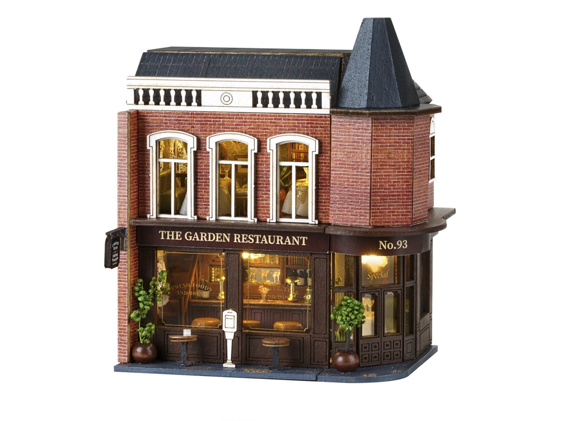 Restaurante Com Jardim. Modelo 3d Com Design De Porta Aberta E Iluminação Led. Dimensões: 10x7x12 Cm.