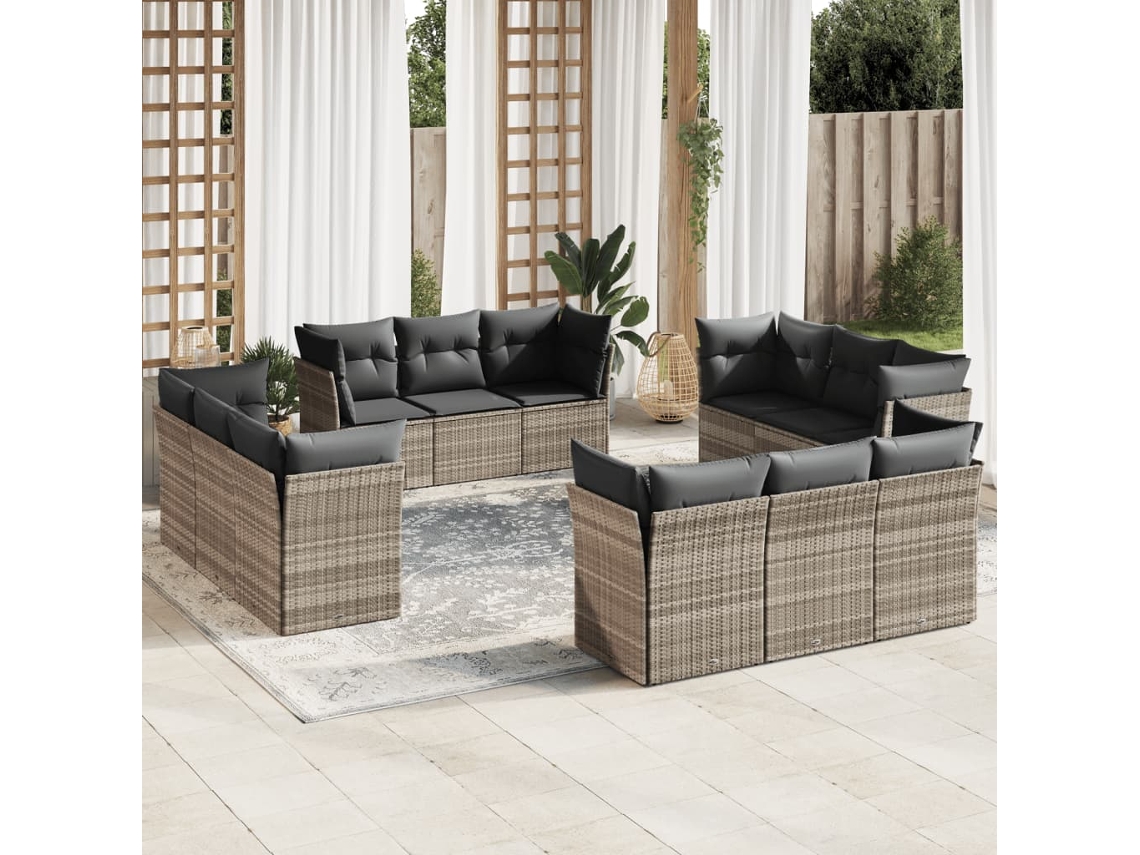 Vidaxl 12 Pcs Conj. Sofás Jardim Com Almofadões Vime Pe Cinzento-claro