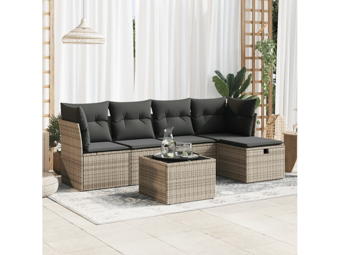 Vidaxl 6 Pcs Conjunto Sofás De Jardim Com Almofadões Vime Cinzento