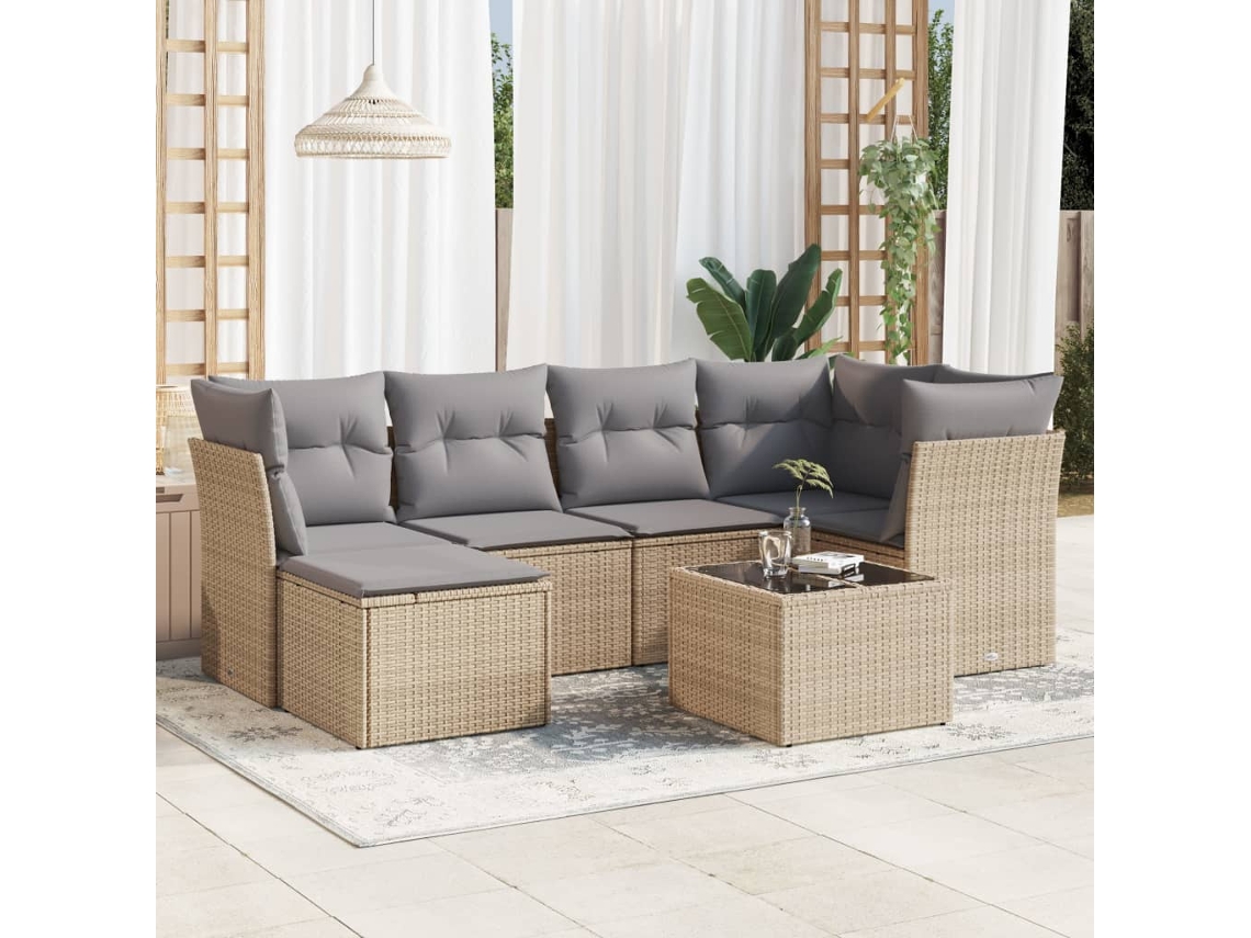 Vidaxl 7 Pcs Conjunto De Sofás P/ Jardim Com Almofadões Vime Pe Bege