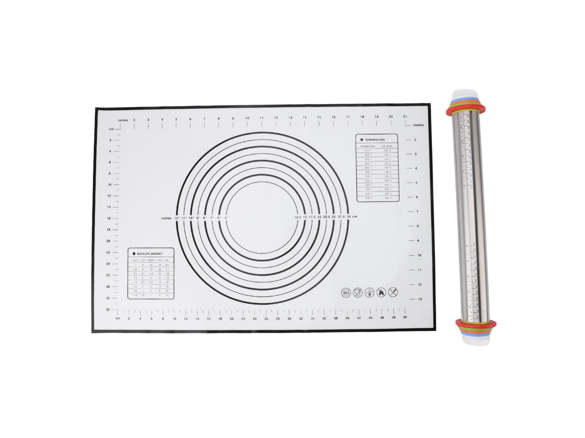Conjunto Rolo de Aço Inoxidável e Pano de Silicone Ajustável com Escala para Massa Pizza Pasta