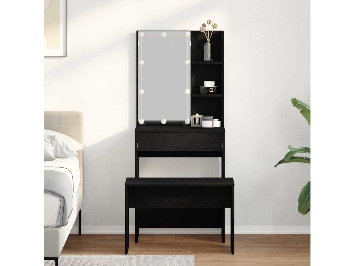 Vidaxl Conjunto De Mesa De Maquiagem Com Led 2 Unid. Carvalho Preto