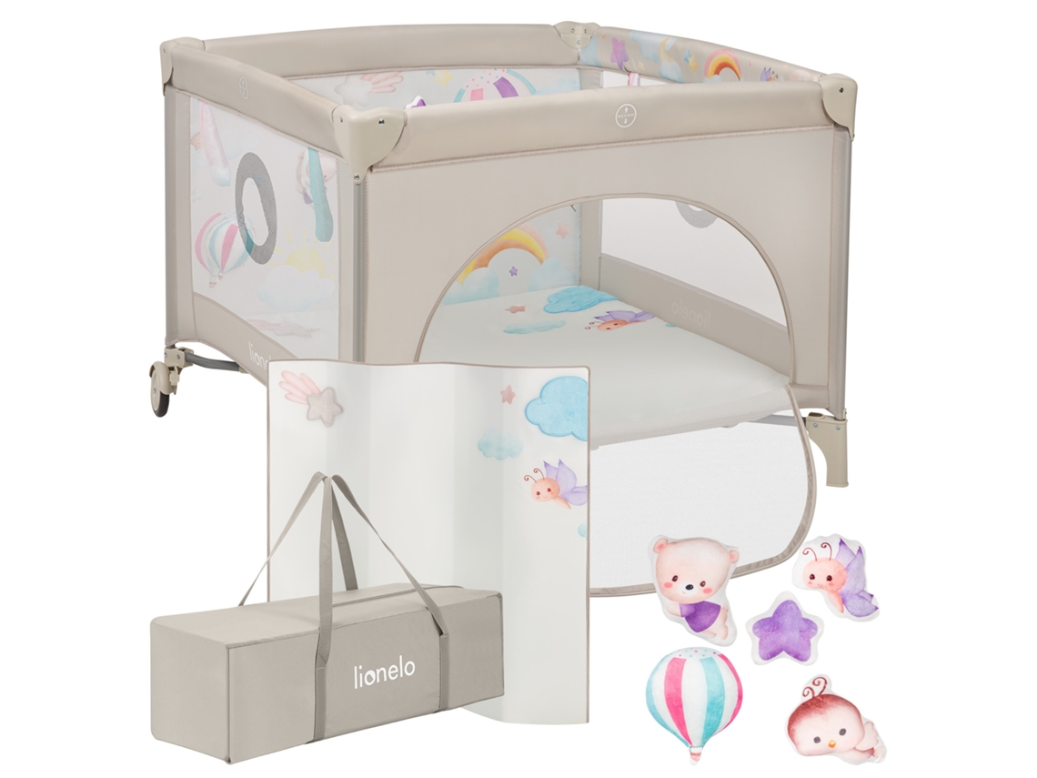 Parque Infantil Cercado de Bebé LIONELO Mille 100x100cm Colchão de Alta Densidade Rodas Brinquedos com Velcro 0 36 Meses Bege
