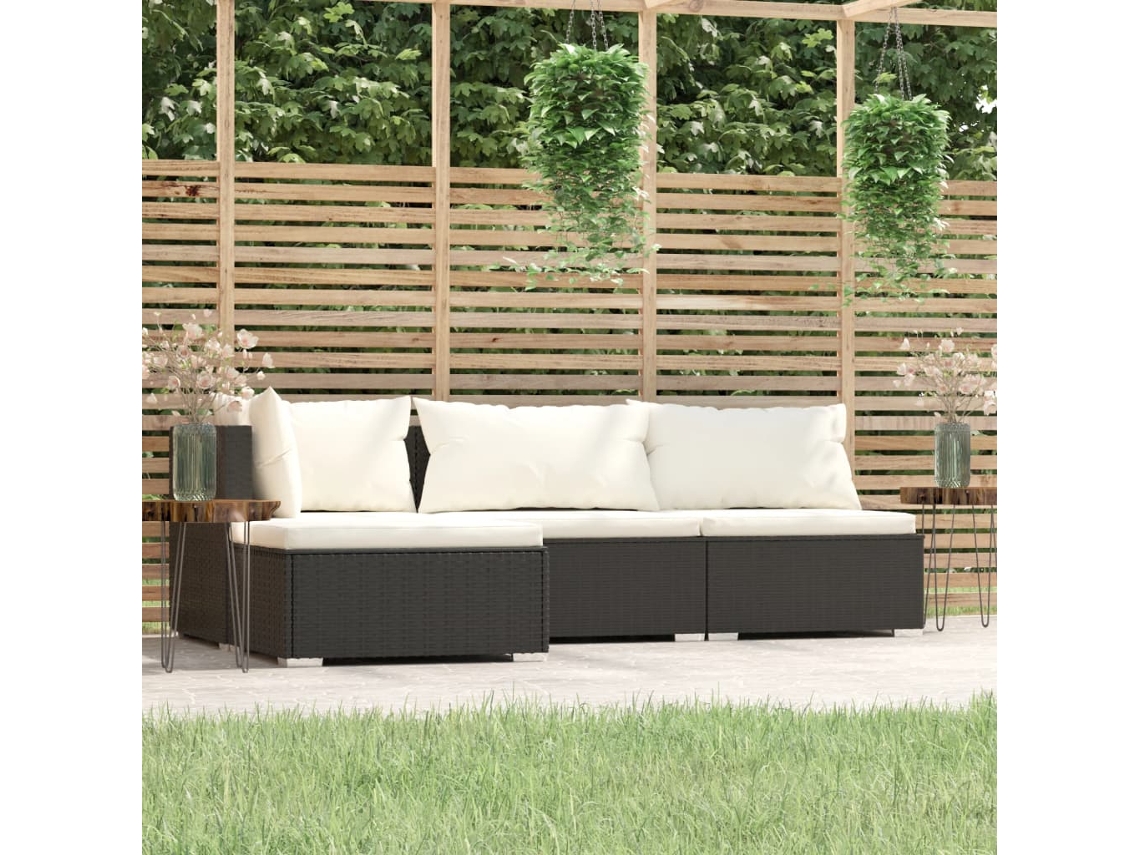 4 Pcs Conjunto Lounge De Jardim C/ Almofadões Vime Pe Preto Dkd Home Decor