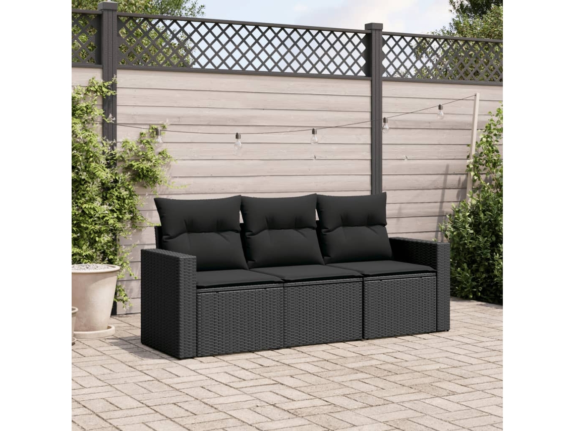 Vidaxl 3 Pcs Conjunto Sofás De Jardim Com Almofadões Vime Pe Preto