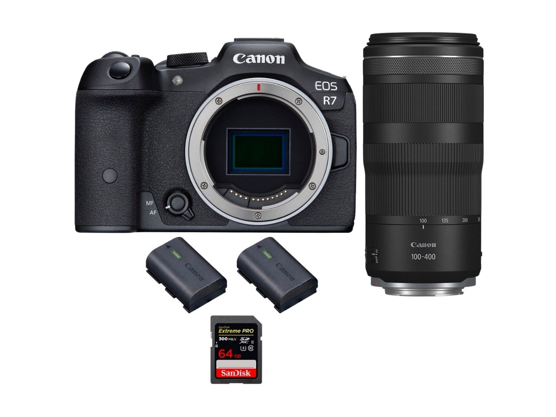 Eos R7 + Rf 100 400mm Is + 1 Sandisk 64gb Uhs ii 300mb/s + 2 Canon Lp e6nh Máquina Fotográfica Híbrida + Ebook Pricedirect CANON