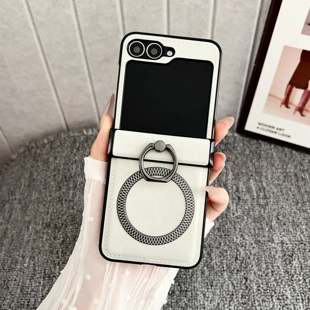 Capa De Celular Magnética Com Suporte De Anel E Textura De Abacaxi Em Couro Fosco (branca, Galaxy Z Flip 6)