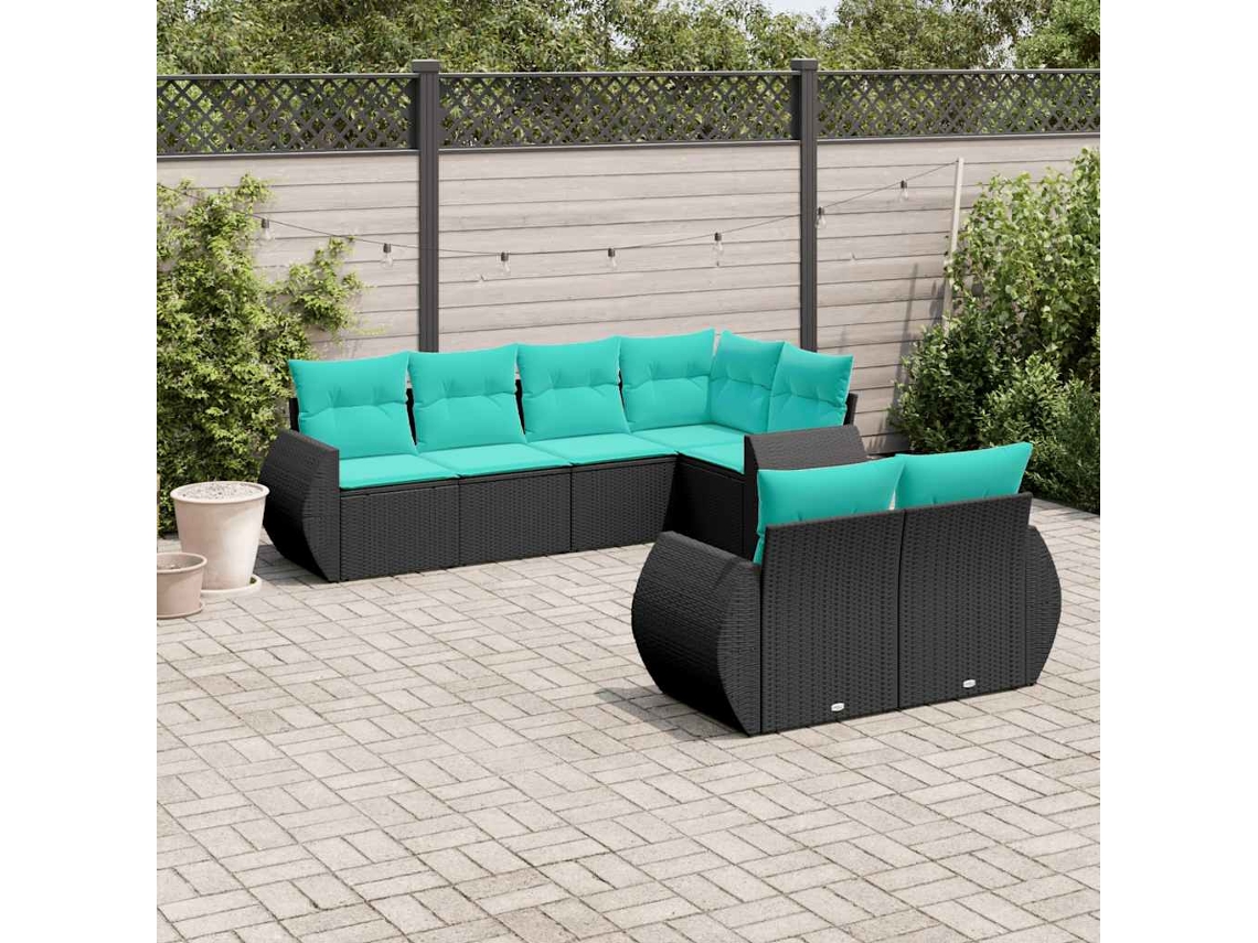Vidaxl Conjunto De Sofá De Jardim Com 7 Peças E Almofadas Em Rattan Sintético Preto