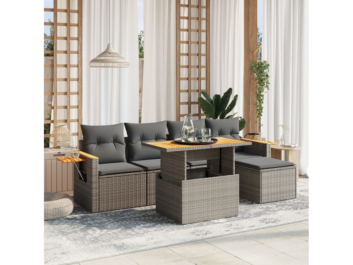 Vidaxl 6 Pcs Conjunto Sofás De Jardim Com Almofadões Vime Cinzento